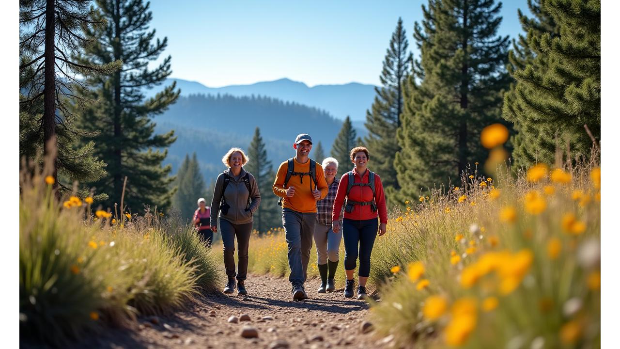A diverse group of adults hiking on a scenic trail in Bend, Oregon, surrounded by pine trees and distant mountains, embodying active outdoor living.