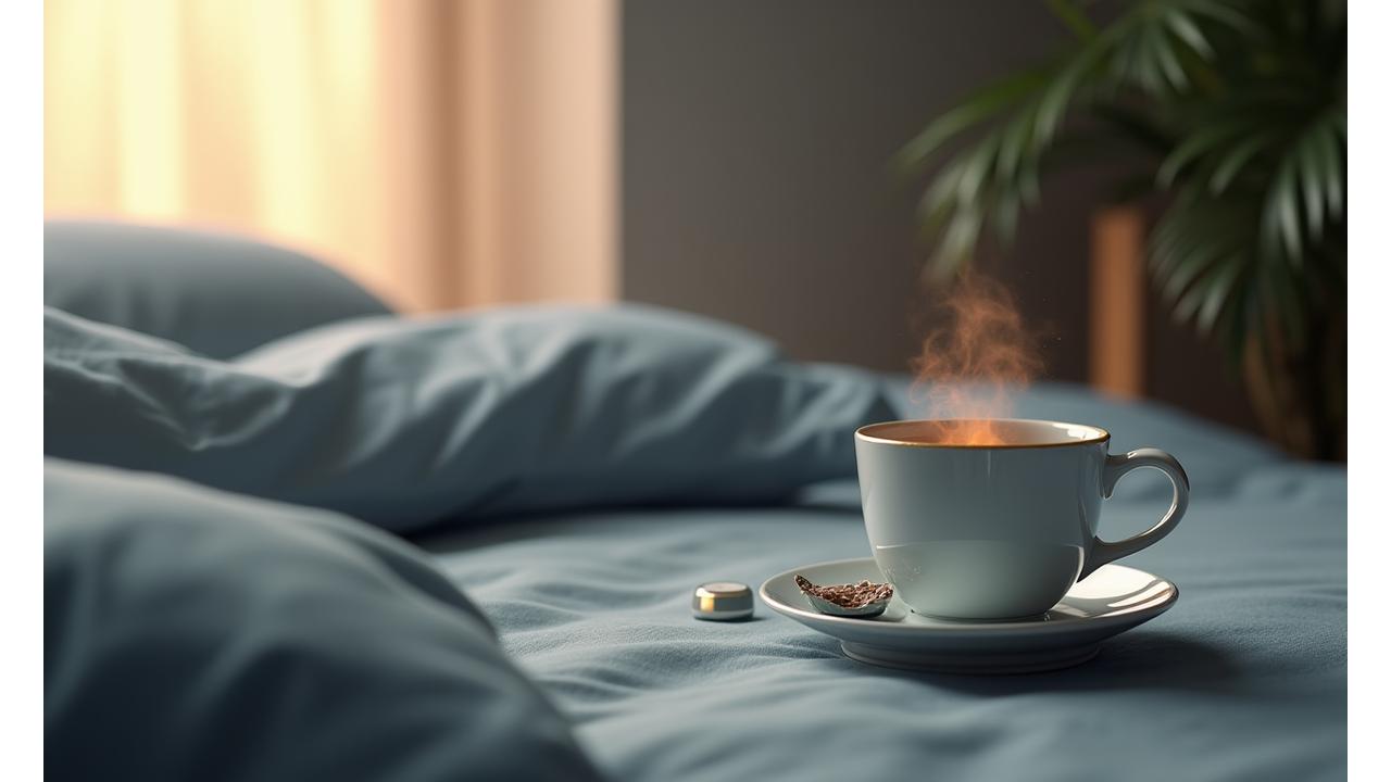 Person using advanced sleep tracking technology with soft, ambient lighting in a modern bedroom.