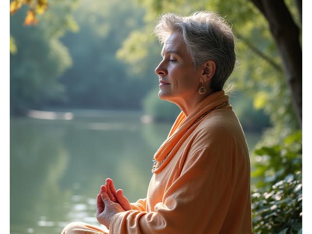 Person meditating outdoors, representing stress management.