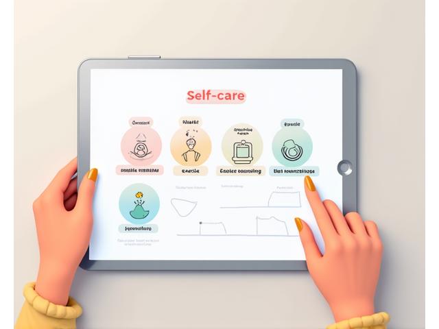 Illustration of a drag-and-drop interface on a tablet, building a personalized self-care routine with icons for meditation, exercise, and journaling.