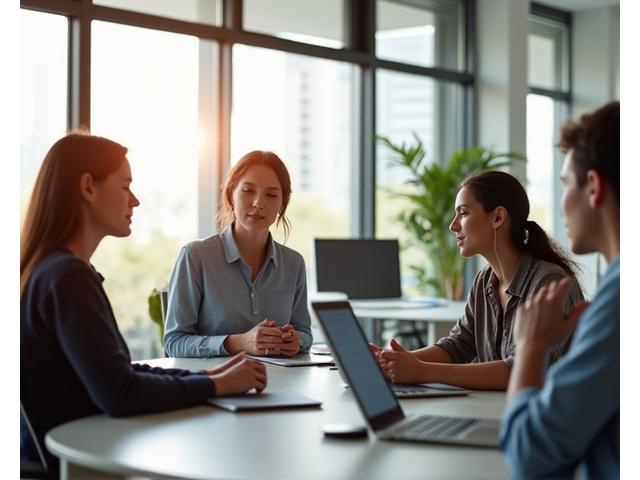 Professional diverse group in a modern office using laptops and tablets, with subtle calming light, showing balanced work-life.