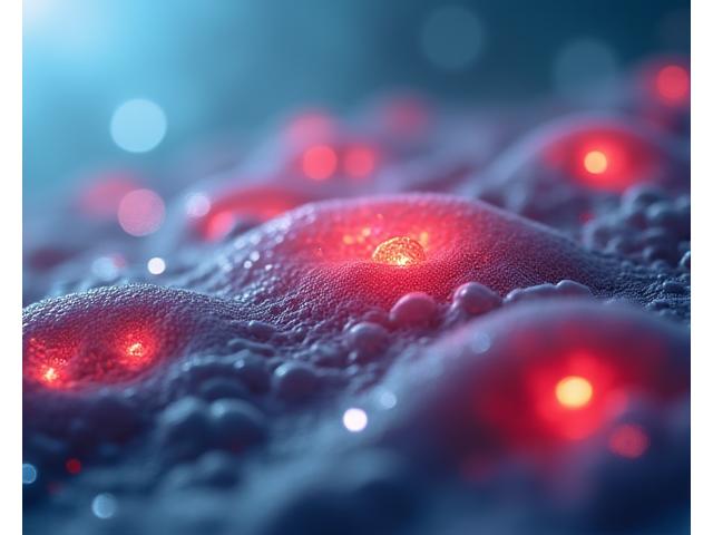 Close-up of human skin cells being illuminated by red light, illustrating cellular repair and energy production.