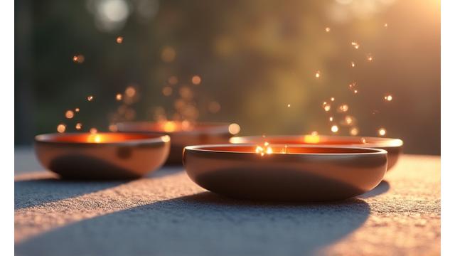 Gently glowing singing bowls with vibrational patterns in the air