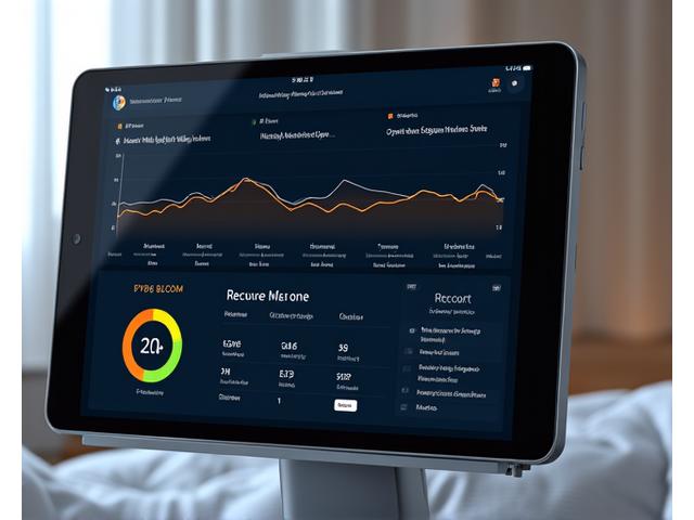 A minimalist digital dashboard displaying sleep analytics with graphs for sleep stages, heart rate variability, and recovery score. The interface uses a clean design with brand colors.